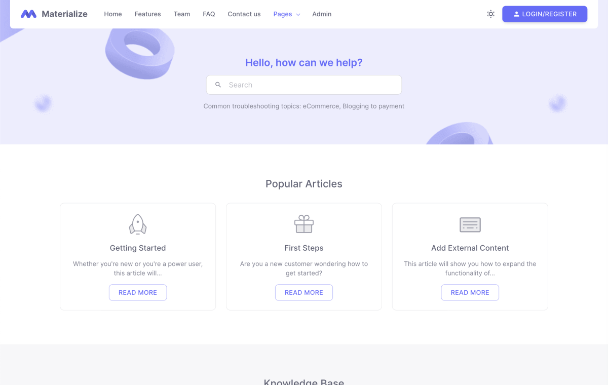 materialize-front-help-center-page-demo